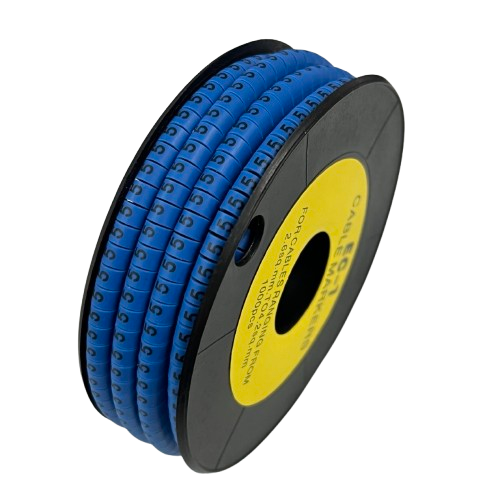Spool of 5 Cable Marker Blue numbered sleeves on a black reel for wire identification and organization