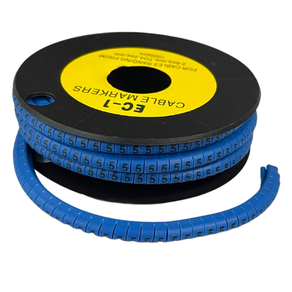 Spool of flexible blue segmented cable markers printed with repeating number 5 for wire ID 5 Cable Marker Blue