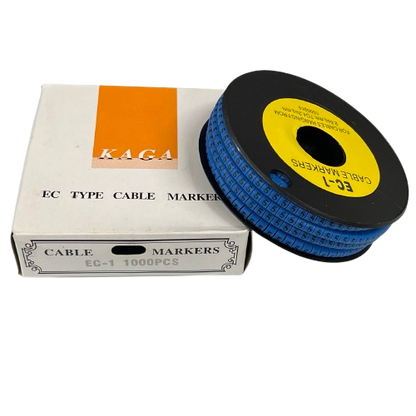 Spool of 5 Cable Marker Blue numeric cable labels on black reel with KAGA EC1 box