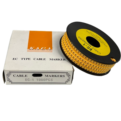 5 Cable Marker Yellow roll of numbered cable markers on spool with box for cable management and cable labeling
