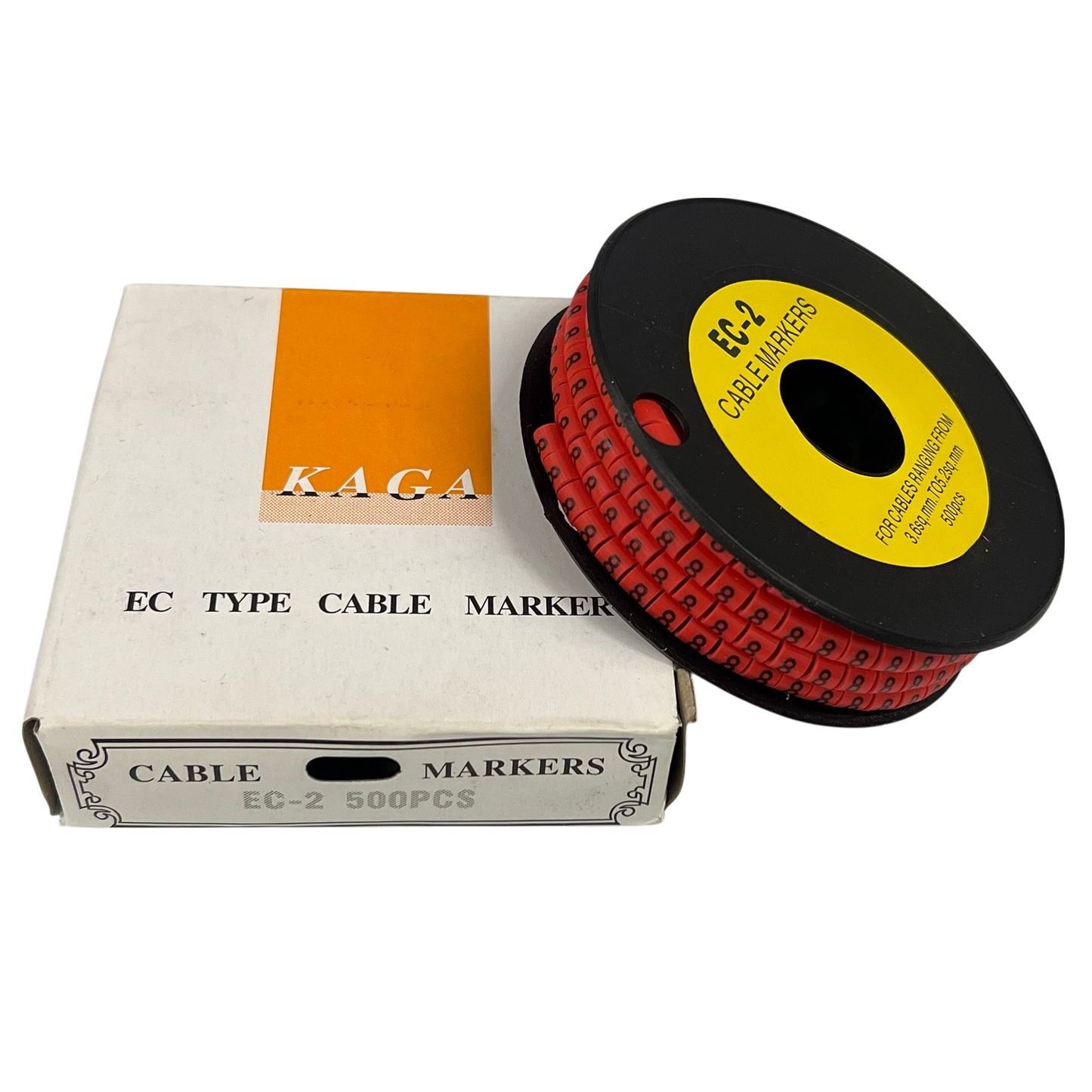 500pcs Cable Marker Red - 8 on a spool with box, ideal for organizing and identifying cables.