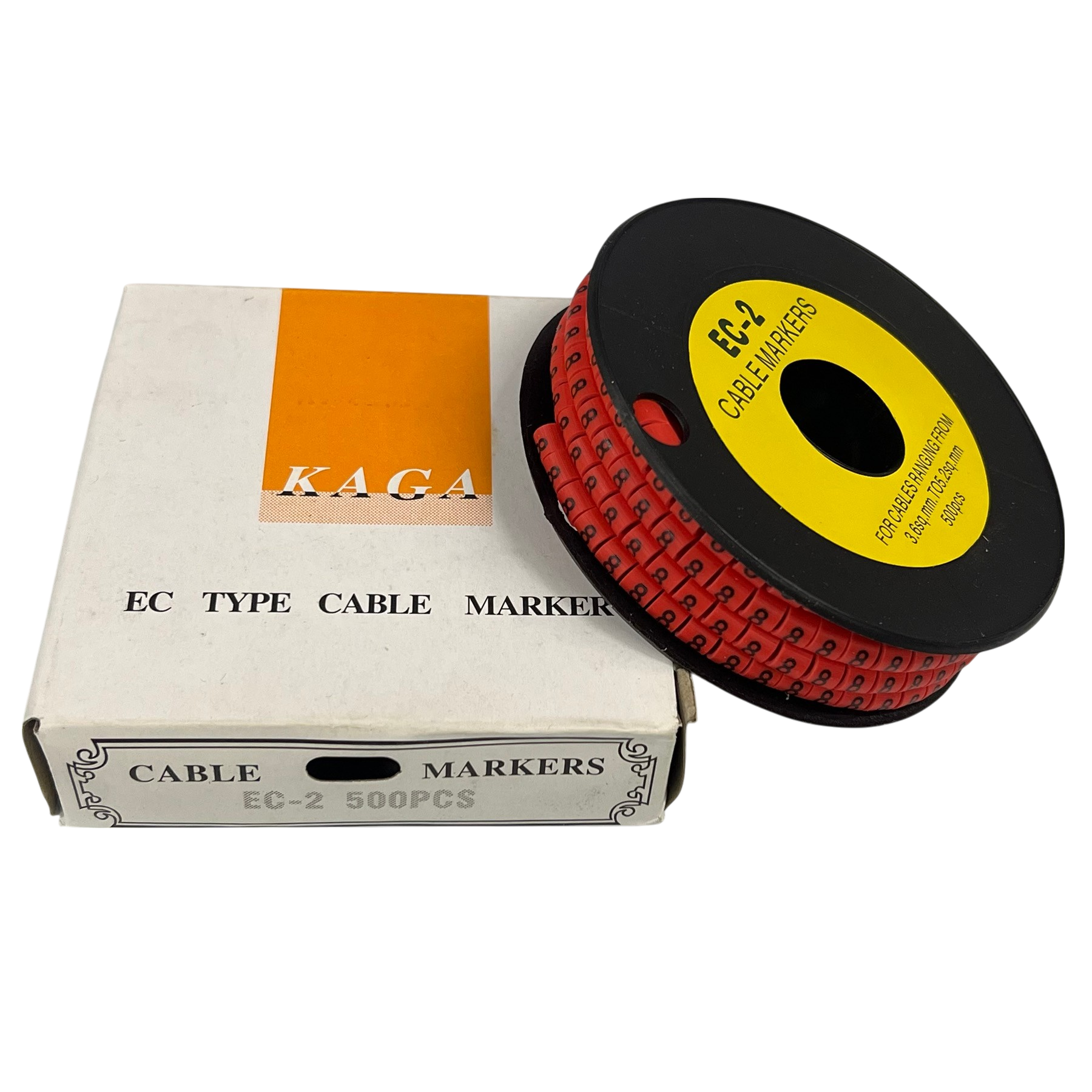 500pcs Cable Marker Red - 8 on a spool with box, ideal for organizing and identifying cables.