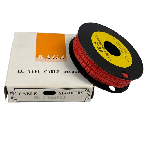 500pcs Cable Marker Red - I on a spool with packaging for organized cable management