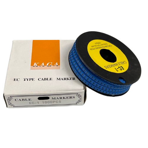 Spool and box of 9 Cable Marker 2.6mm to 4.2mm Blue cable markers for organizing wires and cables