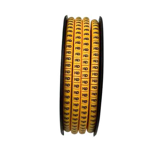 Spool of yellow numeric cable markers labeled 6 for wire identification 9 Marker 2.6mm to 4.2mm Yellow from China