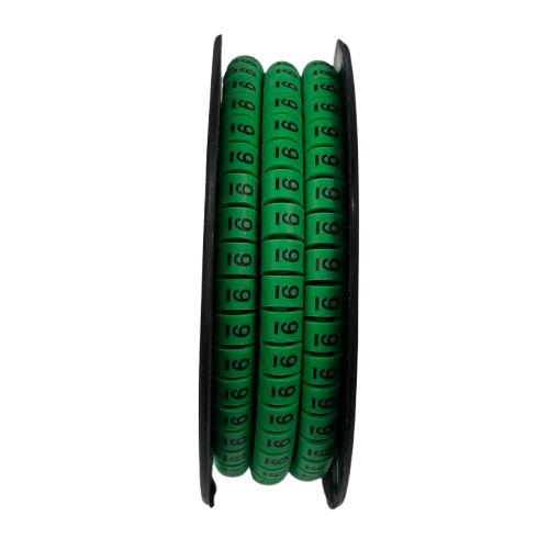Spool of 9 Marker 5.0mm to 7.2mm Green cable markers showing numbered rings for wire labeling