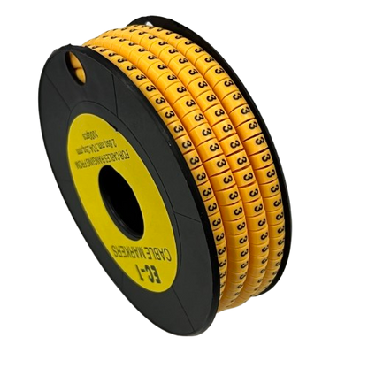 Spool of Cable Marker 3 Yellow identification rings on black plastic reel for cable organization
