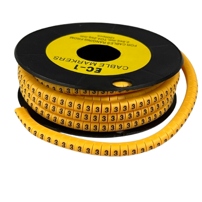 Spool of Cable Marker 3 Yellow spiral wrap labels with repeating number 3 for cable management