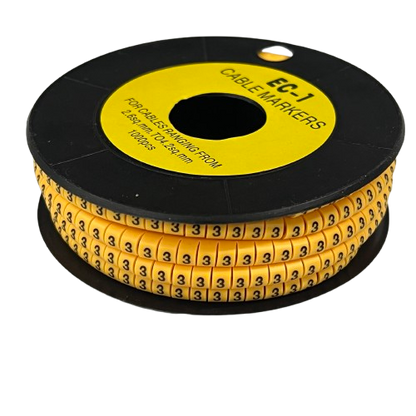 Spool of yellow numeric cable labels showing repeated 3 markers Cable Marker 3 Yellow for wire identification
