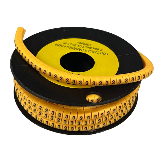 Cable Marker 3 Yellow spool of flexible snap on cable markers showing repeated 3 labels for organized wiring and identification