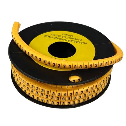 Cable Marker 3 Yellow spool of flexible snap on cable markers showing repeated 3 labels for organized wiring and identification