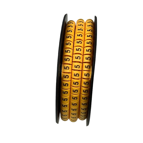 Grippes cable management spool of yellow numeric rings showing Cable 5 Marker -3 Yellow labels