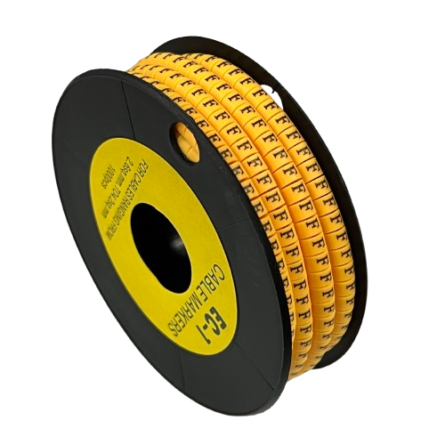 Spool of yellow cable markers printed F for labeling wires Cable "F" Marker 2.6mm to 4.2mm Yellow