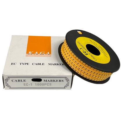 Spool and box of Cable "F" Marker 2.6mm to 4.2mm Yellow cable markers on reel 1000pcs