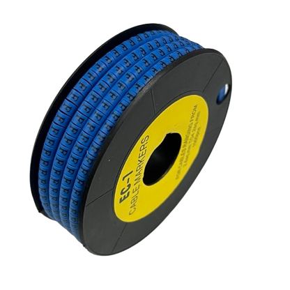 Spool of blue cable markers labeled with repeated F characters Cable "F" Marker 2.6mm to 4.2mm Blue