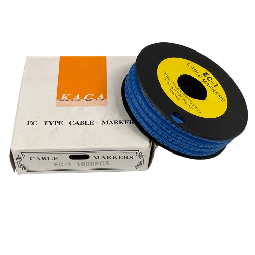 Spool of blue cable markers next to box labeled Cable "F" Marker 2.6mm to 4.2mm Blue for wiring