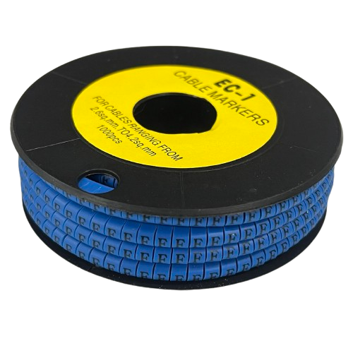 Spool of blue Cable "F" Marker 2.6mm to 4.2mm Blue lettered markers for 2.6 to 4.2 mm cables