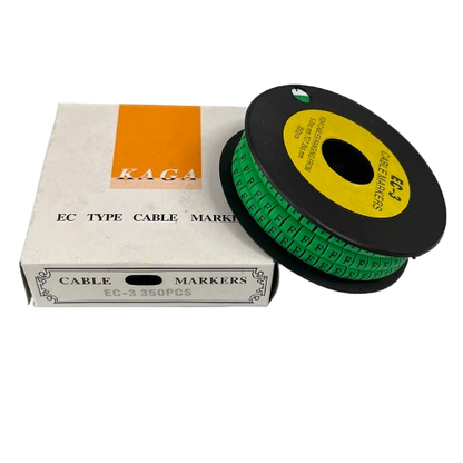 Reel of green cable markers beside box showing Cable "F" Marker 5.0mm to 7.2mm Green for wire labeling