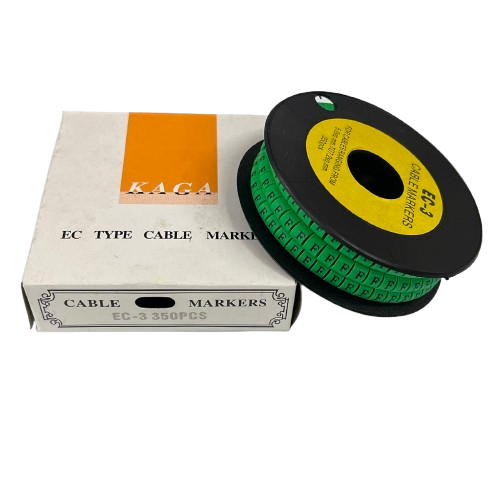 Reel of green cable markers beside box showing Cable "F" Marker 5.0mm to 7.2mm Green for wire labeling