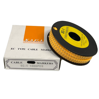 Spool of yellow cable markers and white box from China Cable "G" Marker 2.6mm to 4.2mm Yellow for wire labeling