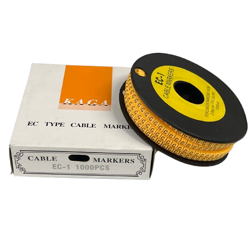 Spool of yellow cable markers and white box from China Cable "G" Marker 2.6mm to 4.2mm Yellow for wire labeling
