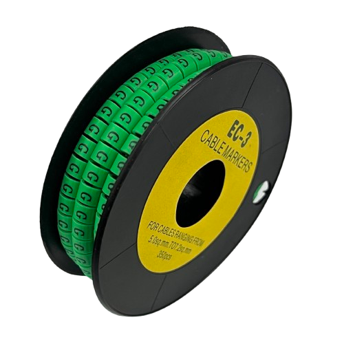 Spool of green Cable "G" Marker 5.0mm to 7.2mm labels on black reel for cable identification