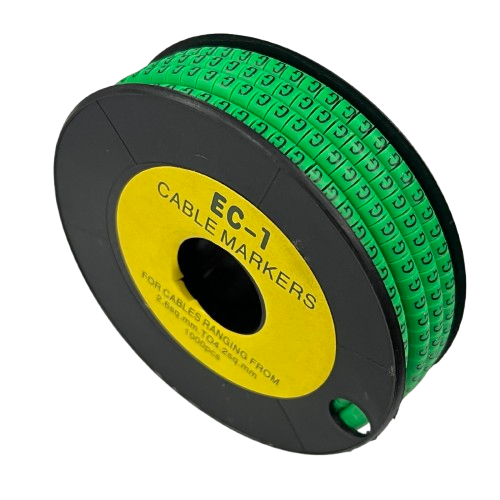 Grippes spool of Cable "G" Marker EC-1 Green 2.6mm to 4.2mm cable ID markers on black background