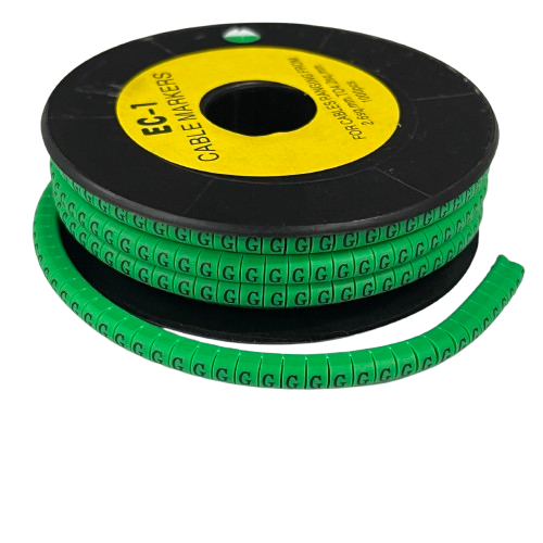 Grippes spool of Cable "G" Marker EC-1 Green 2.6mm to 4.2mm showing green G labels on strip