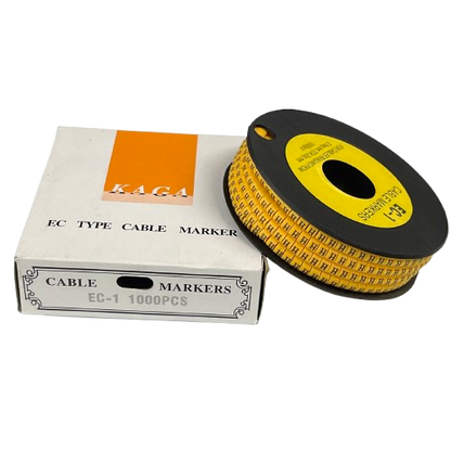 Spool and box of yellow Cable "H" Marker 2.6mm to 4.2mm cable markers for wiring organization
