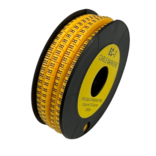 China spool of yellow Cable "H" Marker 2.6mm to 4.2mm showing rows of black H labels for cable organization