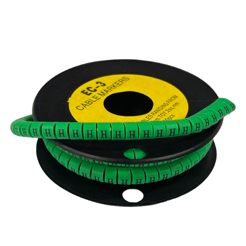 Spool of green Cable "H" Marker 5.0mm to 7.2mm Green wraparound cable labels showing repeated H markers