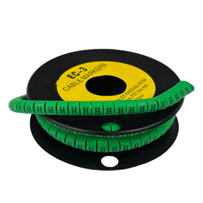 Spool of green Cable "H" Marker 5.0mm to 7.2mm Green wraparound cable labels showing repeated H markers