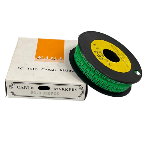 Spool of green Cable "H" Marker 5.0mm to 7.2mm Green on a black reel beside white box for cable management