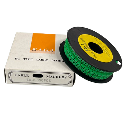 Spool of green Cable "H" Marker 5.0mm to 7.2mm Green on a black reel beside white box for cable management