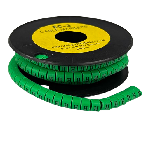 Spool of green segmented cable labels with repeated H markings for wiring identification Cable "H" Marker 5.0mm to 7.2mm Green