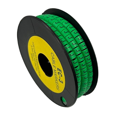 Spool of green Cable "J" Marker 5.0mm to 7.2mm Green cable markers on black reel for wire identification and organization