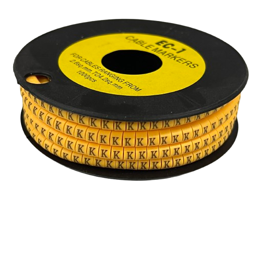 Spool of yellow Cable "K" Marker 2.6mm to 4.2mm Yellow wire ID sleeves with repeating black K for cable management