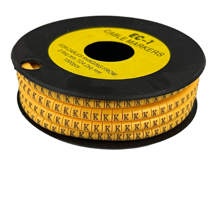 Spool of yellow Cable "K" Marker 2.6mm to 4.2mm Yellow wire ID sleeves with repeating black K for cable management