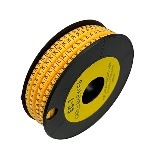 Cable "K" Marker 2.6mm to 4.2mm Yellow spool of adhesive letter K cable labels on black reel