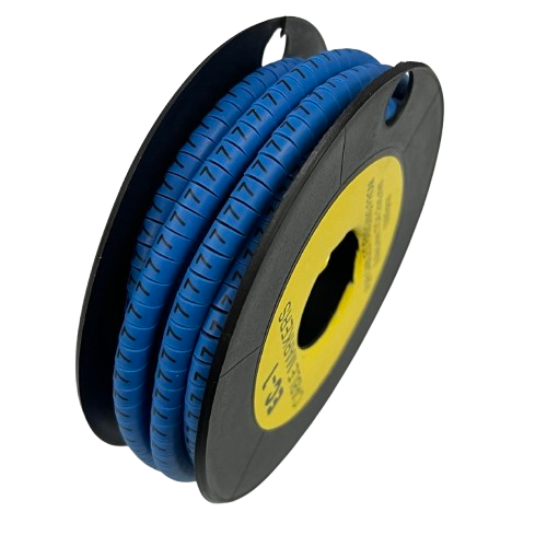 Blue split cable sleeve on black plastic spool Cable Marke Blue - 7 cord organizer for home and office cable management