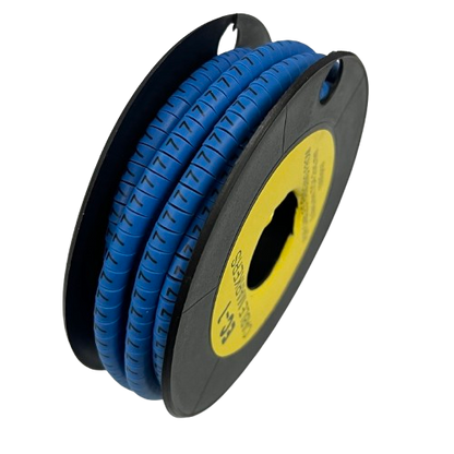 Blue split cable sleeve on black plastic spool Cable Marke Blue - 7 cord organizer for home and office cable management