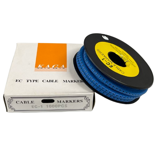 Spool of blue cable markers and white labeled box Cable Marke Blue - 7 for cable management and wire labeling
