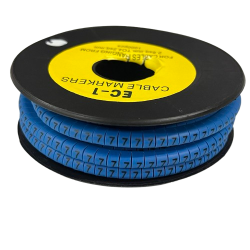 Spool of blue numeric cable markers showing repeated 7 for cable labeling Cable Marke Blue - 7