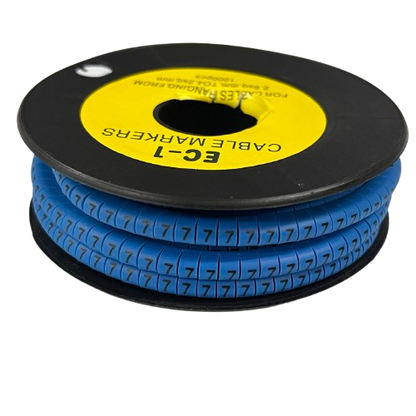 Spool of blue numeric cable markers showing repeated 7 for cable labeling Cable Marke Blue - 7