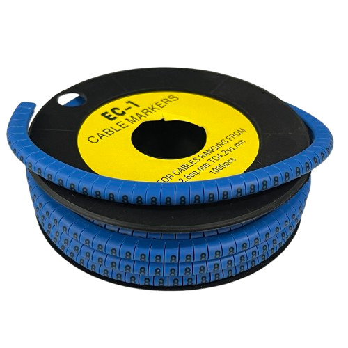 Spool of blue numeric ring cable labels on black reel for wire organization Cable Marker -8 Blue for cable management