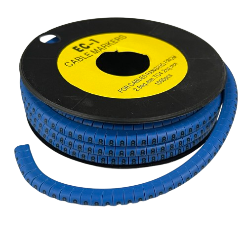 Cable Marker -8 Blue spool of flexible numbered cable markers on a black reel for wire labeling
