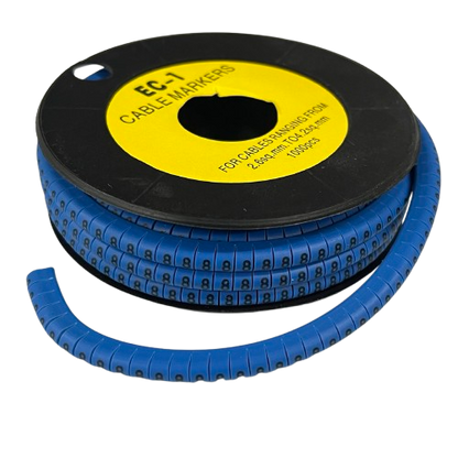 Cable Marker -8 Blue spool of flexible numbered cable markers on a black reel for wire labeling