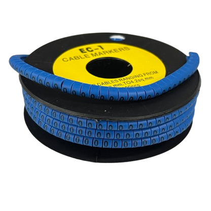 Roll of blue numeric cable markers showing zeros on a spool for wire labeling Cable Marker 0 Blue