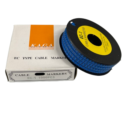 Reel of Cable Marker 0 Blue cable markers on black spool with yellow label and white KAGA box