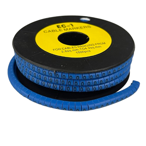 Spool of blue cable labeling tape with repeated 0 digits for wire organization and identification Cable Marker 0 Blue